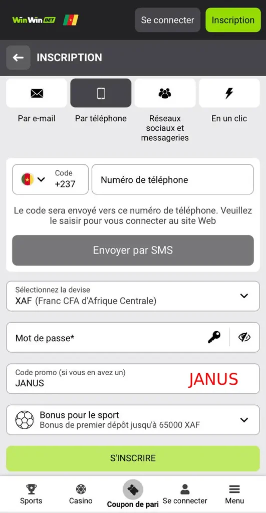 Capture d'écran de la page d'inscription avec le code promo winwin