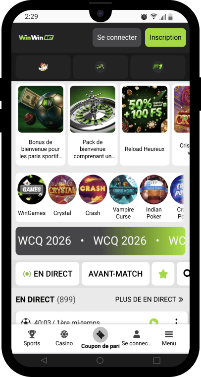 Interface d'acceuil de l'application winwin apk sur Android